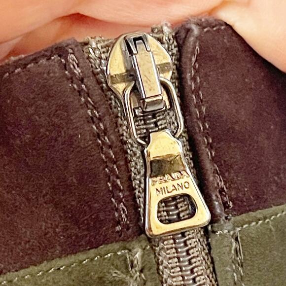 Vintage Prada Brown Green Suede Tie Strap Two-Tone Knee High Block Heel Boots 38 - Picture 9 of 12